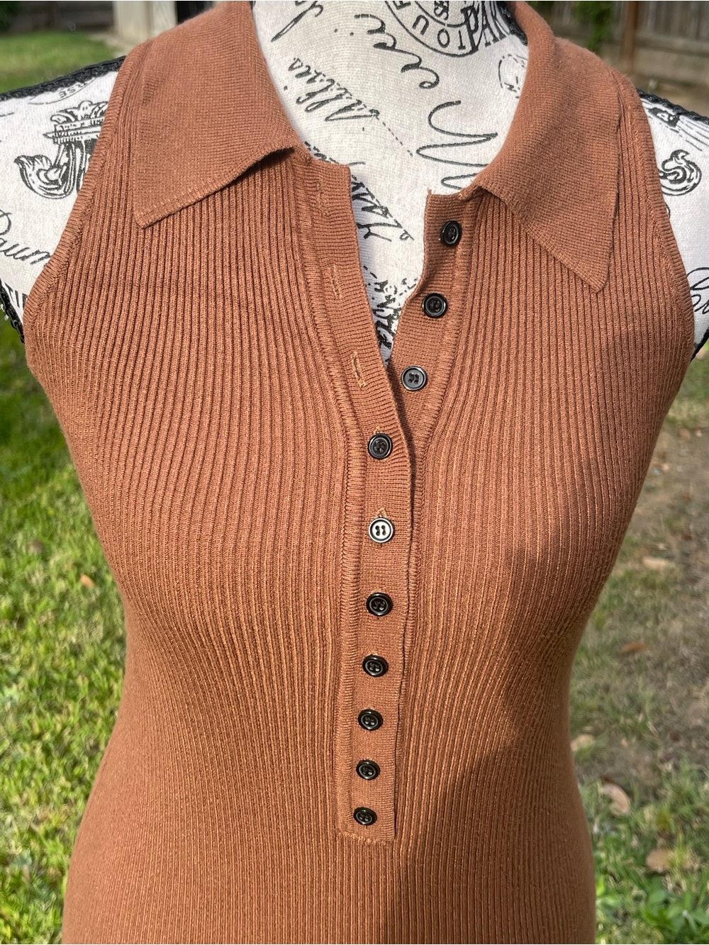 House of Harlow 1960 Brown Ribbed Knit Polo Midi Dress - Size Medium - Picture 2 of 9